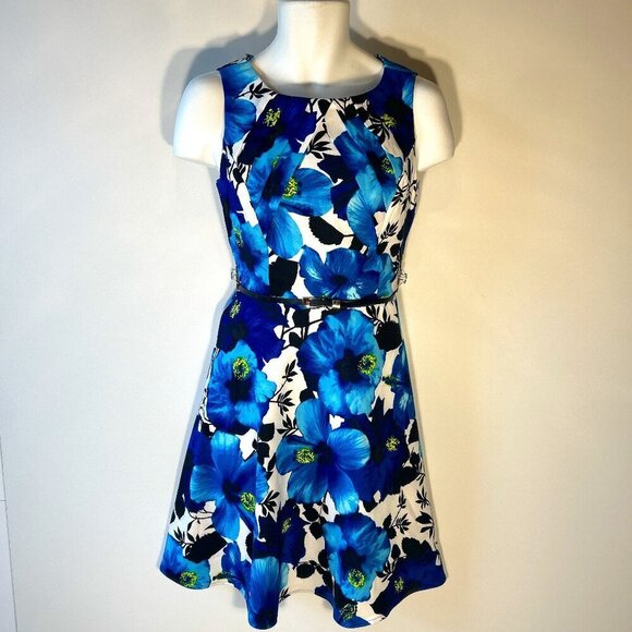 AB Studio SZ 10 Tropical Print Blues Fit & Flare Dress Career Dressy or Casual - Picture 1 of 9